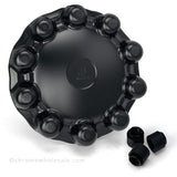 Front Mate Black ABS Plastic Classic Hub Cover System for 10-hole 285.75mm Hub Piloted 22.5" and 24.5" Wheels. Each kit Includes: 1 hub covers, and 3 retention nuts.